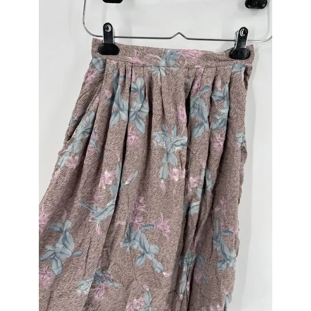 Ms Interpret Vintage Skirt Womens XS Pink Blue Floral Midi Pleated Pockets Zip